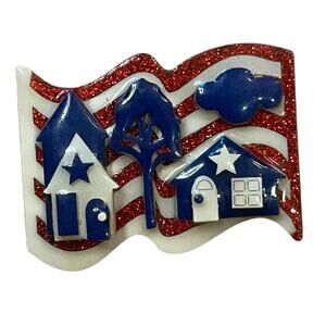 VTG DESIGNS BY LUCINDA PATRIOTIC FLAG BROOCH HOUSE TREE Glitter 2” Resin